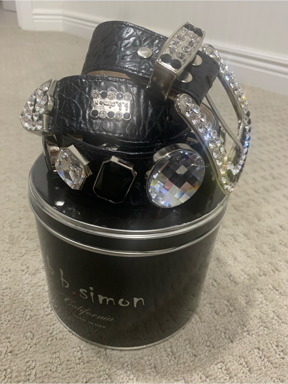 VERY RARE B.B. Simon Black Leather Crystal Embellished Anniversary Belt